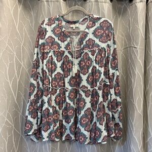 Red Camel Curvy Paisley Print Blouse in Peach & Mint Size 2X large bell sleeves